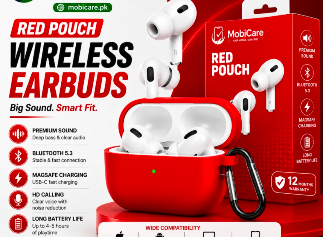 MobiCare Red Pouch Wireless Earbuds – Bluetooth 5.3 | MagSafe Charging | 12-Month Warranty