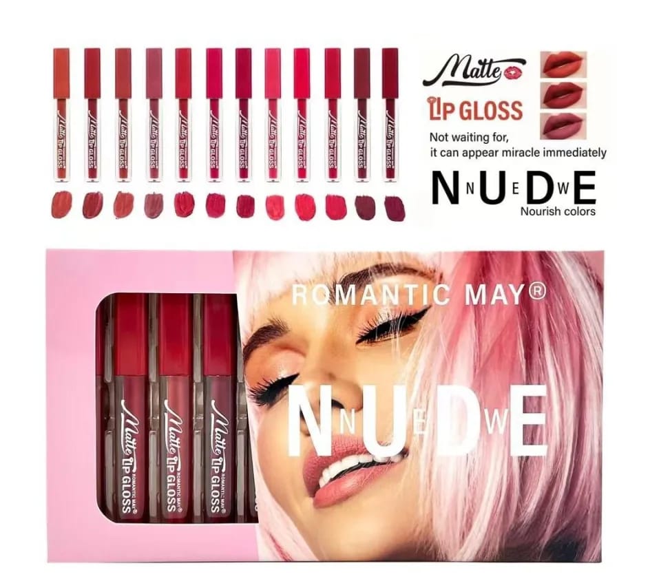 Romantic May Nude Matte Lip Gloss Set – 12 Nourishing Shades