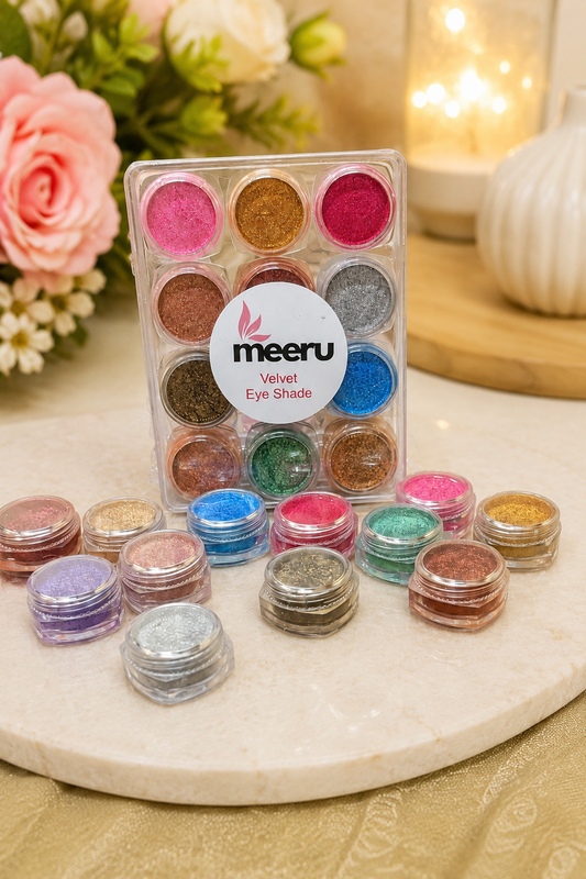 Meeru Velvet Eyeshadow Pigment Set – 12 Shades | Metallic & Shimmer Loose Powder