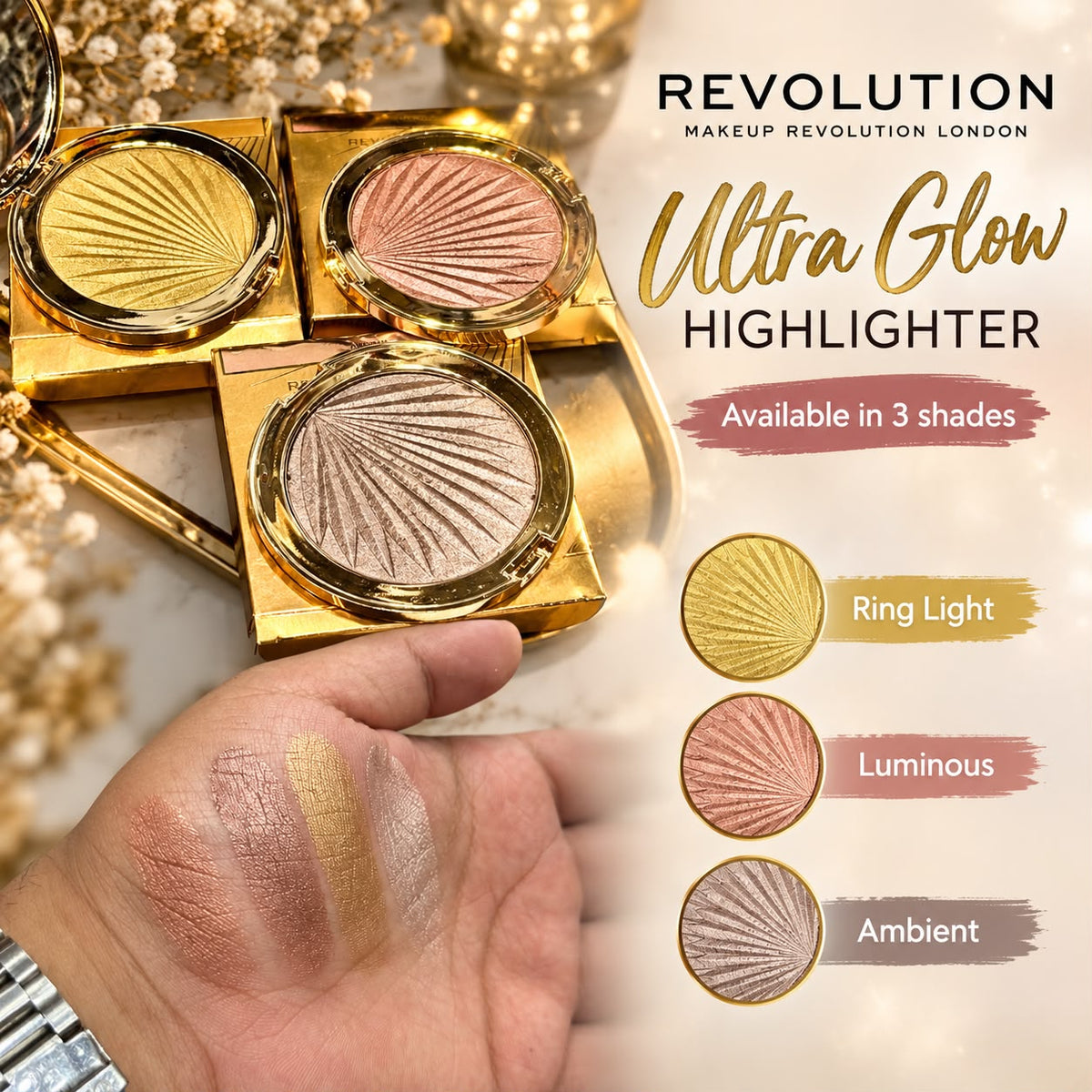 Set Of 3-Makeup Revolution Ultra Glow Highlighter – Ring Light, Luminous & Ambient