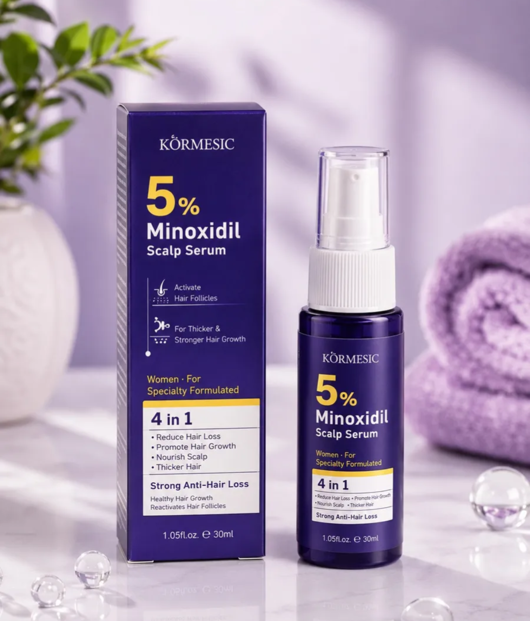 Kormesic 5% Minoxidil Scalp Serum for Women – 4-in-1 Anti-Hair Loss Treatment (30ml)
