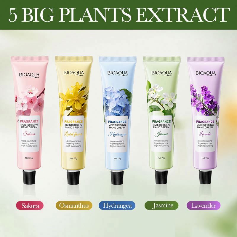 BIOAQUA Fragrance Moisturising Hand Cream – 5 Big Plant Extracts 75g (Sakura, Osmanthus, Hydrangea, Jasmine, Lavender)