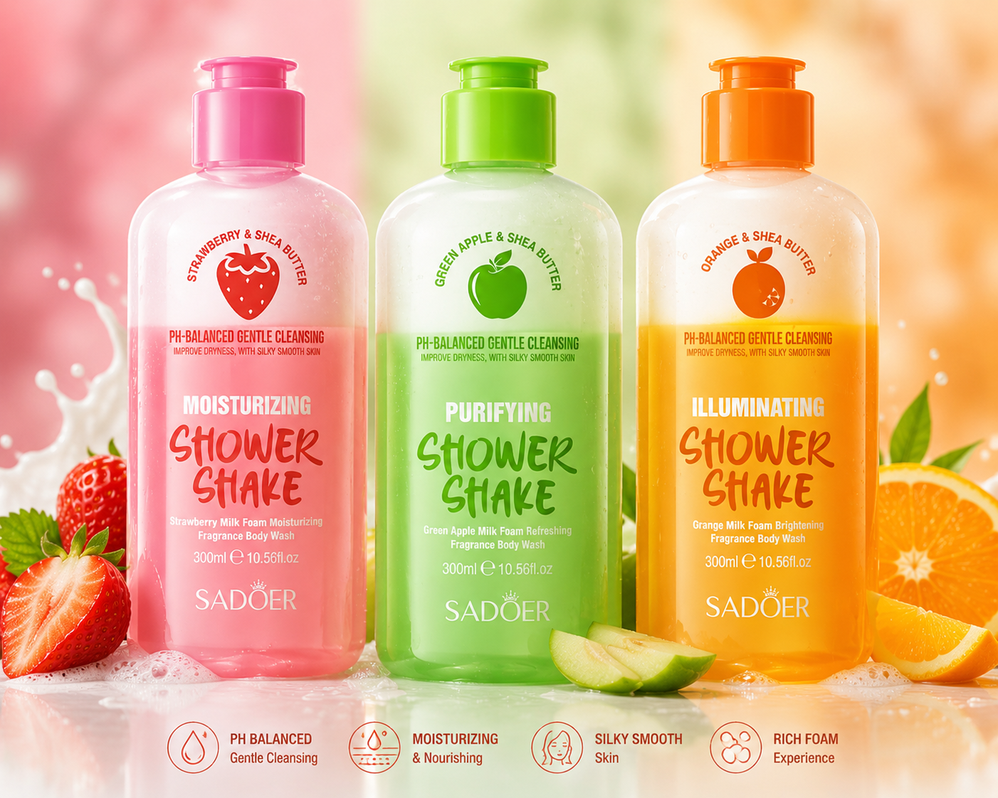 Sadoer Shower Shake – Fruit-Infused Milk Foam Body Wash (300ml)