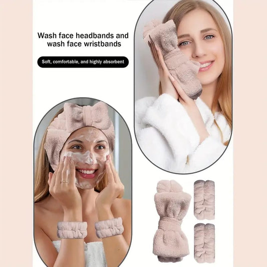 Facial Band Microfiber Spa Headband & Wristband Set – Bow Style Face Wash Kit