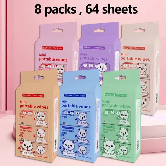 QIANHUI Mini Portable Wet Wipes – 8 Packs, 64 Sheets