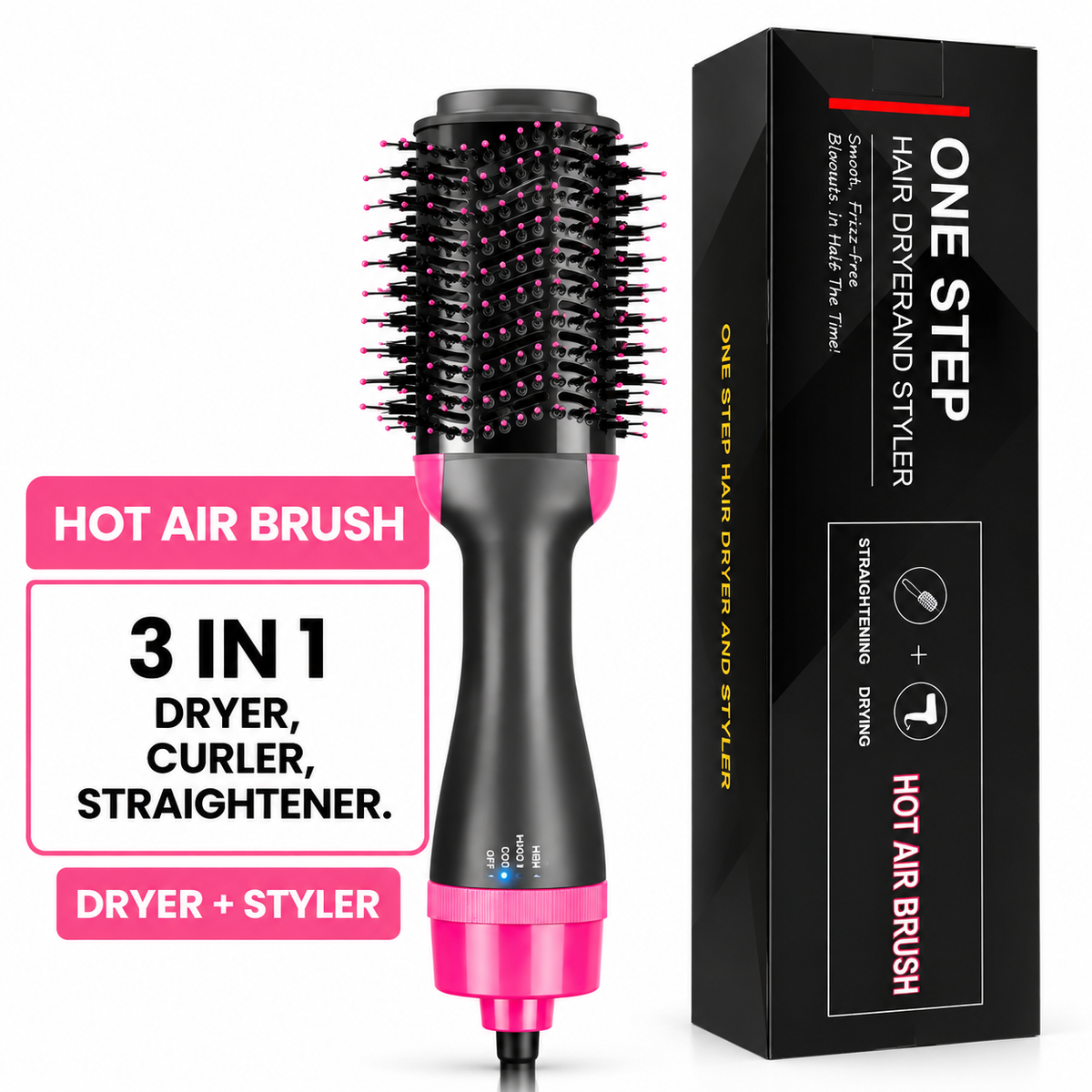 One Step Hot Air Hair Brush 3in1 Dryer Straightener curler
