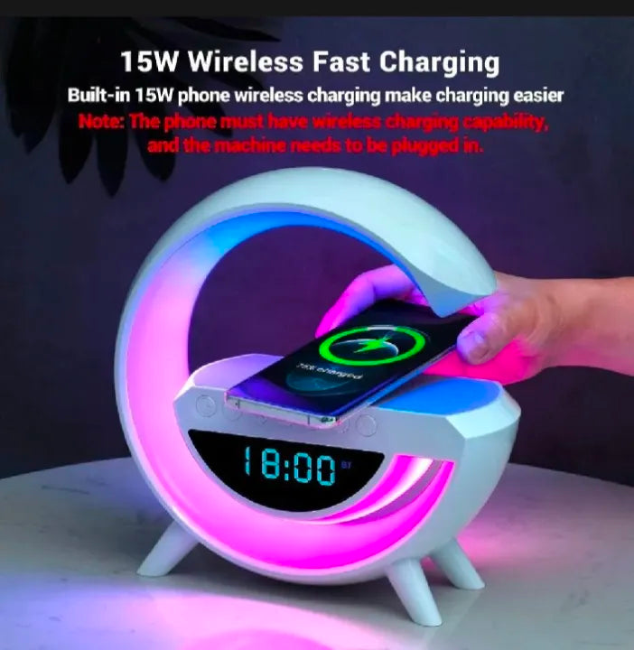 G-Shape Smart Wireless Charging Station with RGB Light, Bluetooth Speaker & Alarm Clock