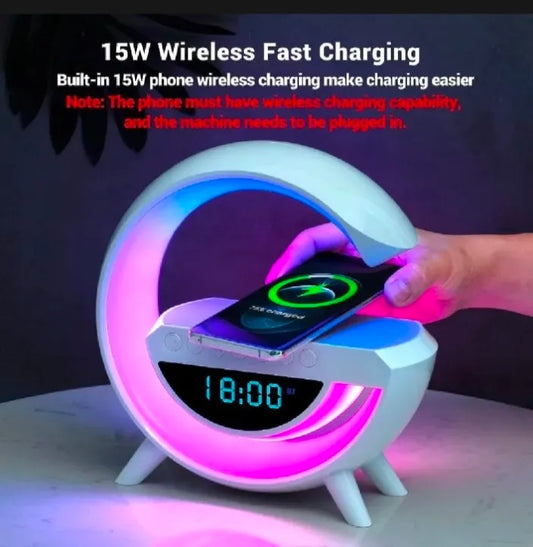 G-Shape Smart Wireless Charging Station with RGB Light, Bluetooth Speaker & Alarm Clock