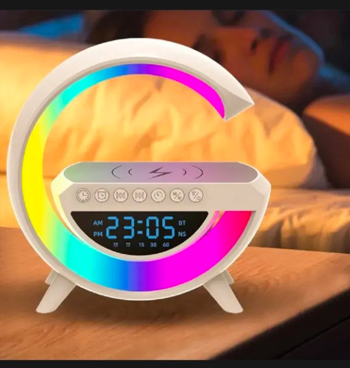 G-Shape Smart Wireless Charging Station with RGB Light, Bluetooth Speaker & Alarm Clock