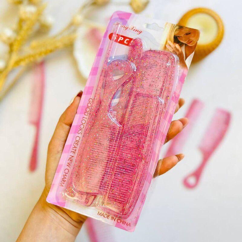5-in-1 Pink Glitter Comb Set | Professional Hair Styling Combs for Women & Girls (Random Color)