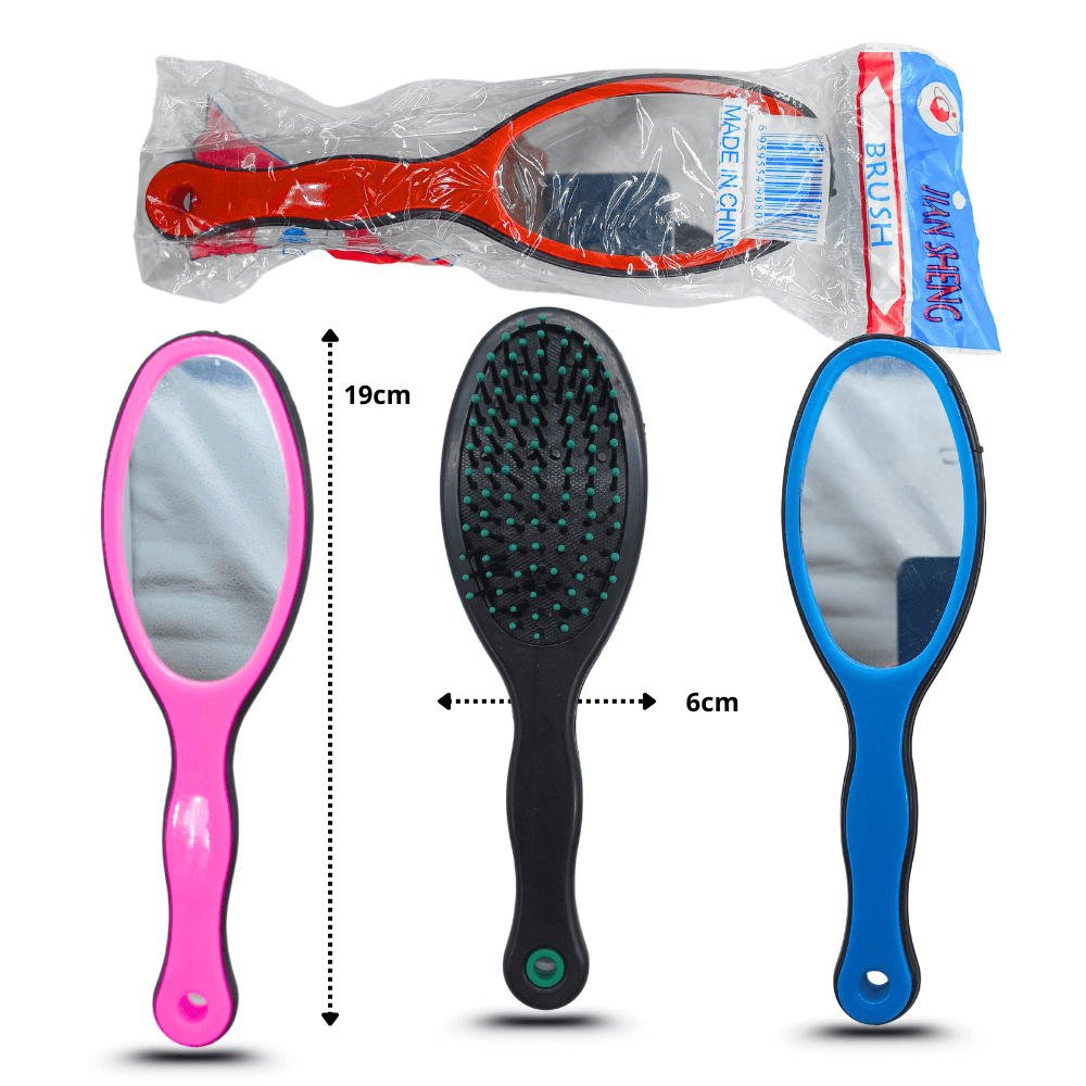 2-in-1 Hair Brush with Mirror | Cushion Paddle Brush & Oval Mirror Set for Women & Girls (Random Color)
