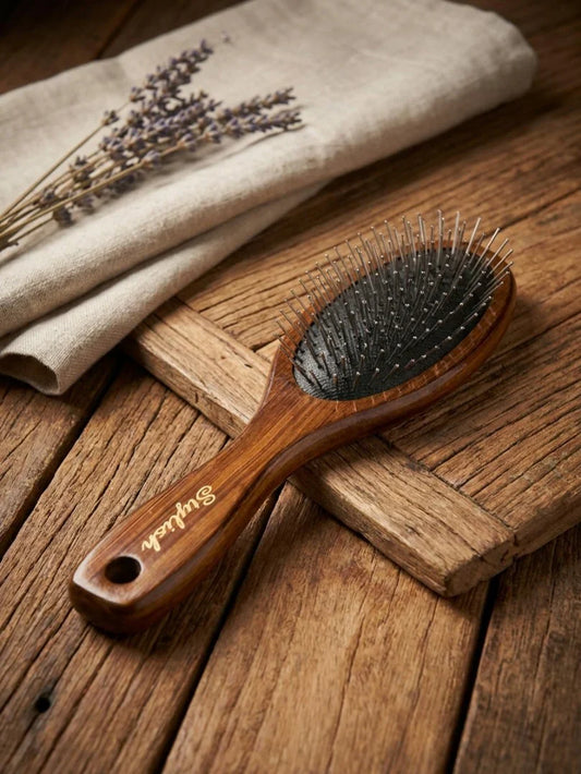 Stylish Wooden Paddle Hair Brush – Anti-Static Detangling Brush with Steel Pins (Random Color)
