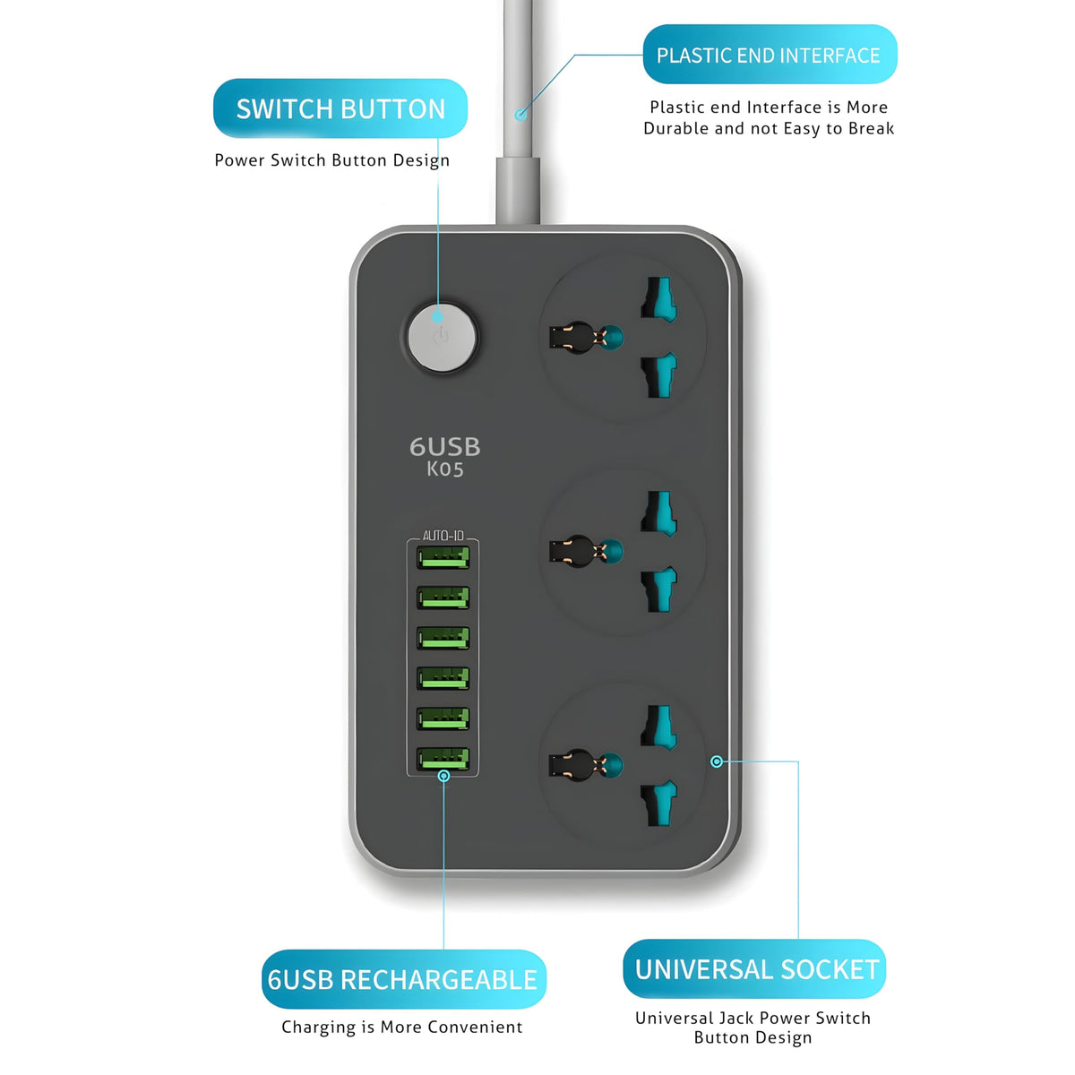 6 USB Power Socket – 3 Universal Outlets | Smart Fast Charging | Anti-Static Protection