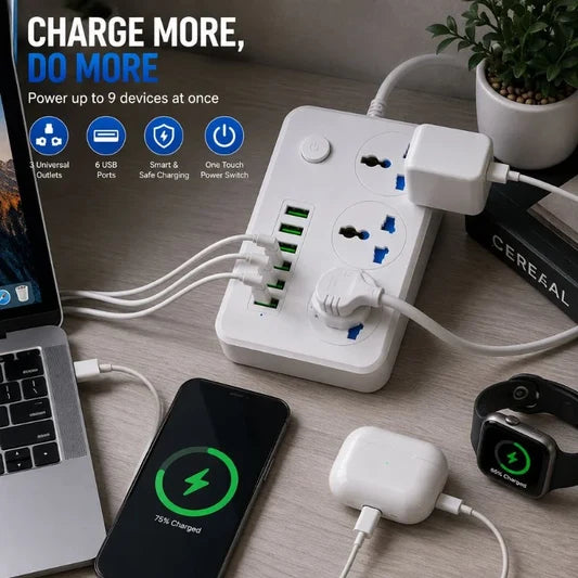 6 USB Power Socket – 3 Universal Outlets | Smart Fast Charging | Anti-Static Protection