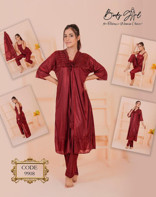 Body Girl 3-Piece Luxury Satin Nightwear Set Silk Fabric