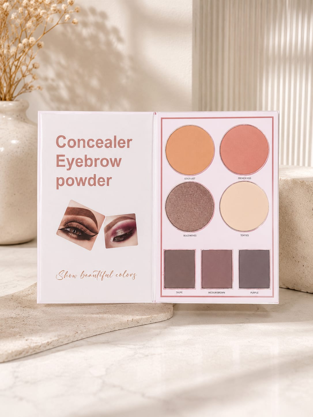 Concealer and Eyebrow Powder Palette open showing 7 shades including Gold Lust, French Kiss, Bold Moves, Tenties, Taupe, Medium Brown and Purple