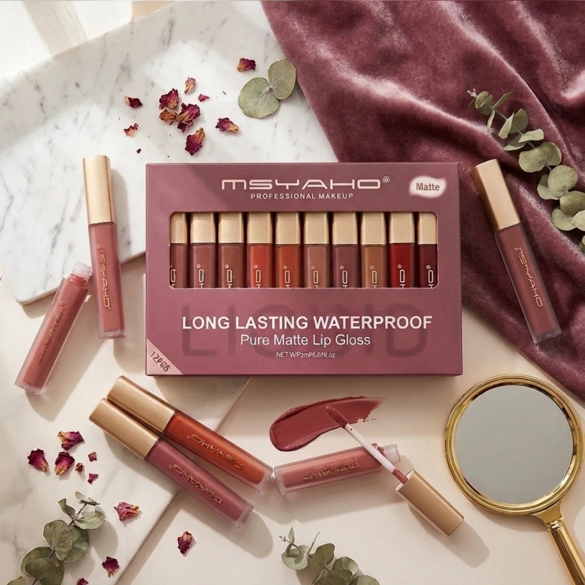 MSYAHO 12-Piece Long Lasting Waterproof Pure Matte Lip Gloss Set