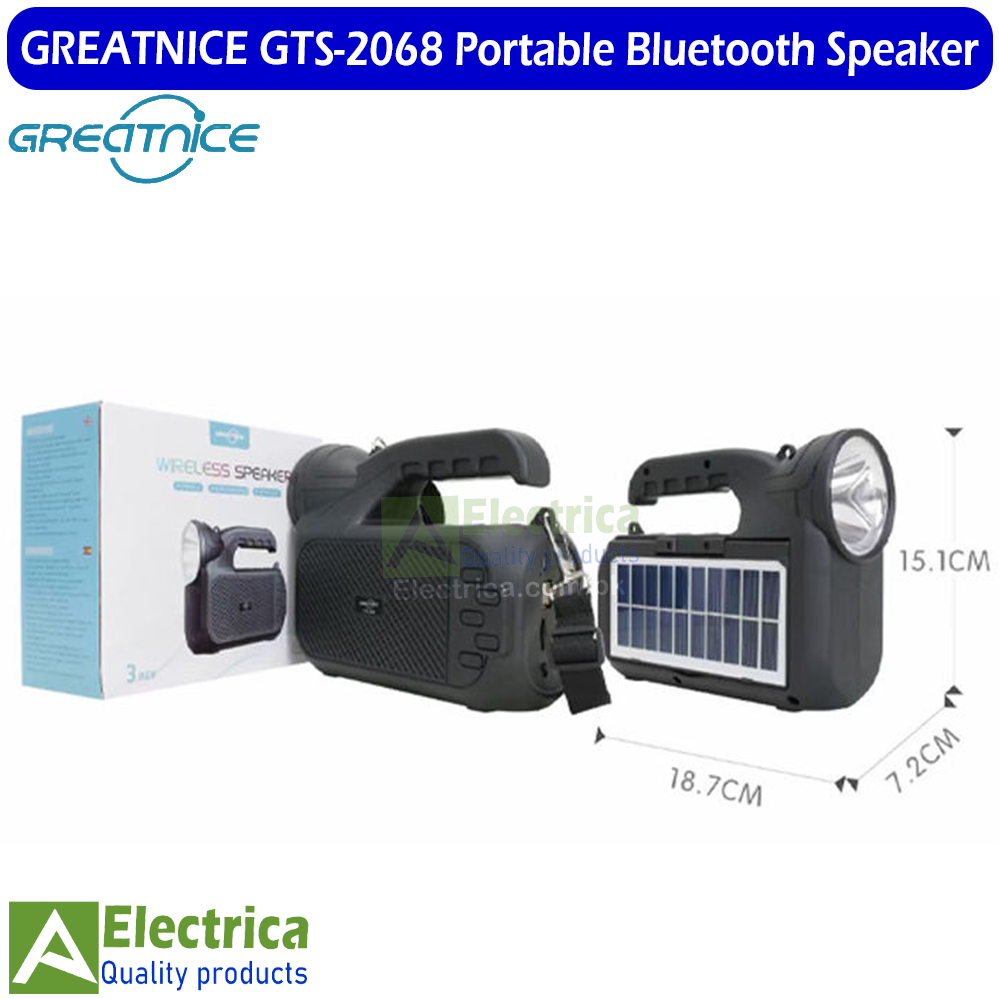 GREATNICE GTS-2068 Portable Wireless Bluetooth Speaker with Solar Panel, Flashlight & Shoulder Strap