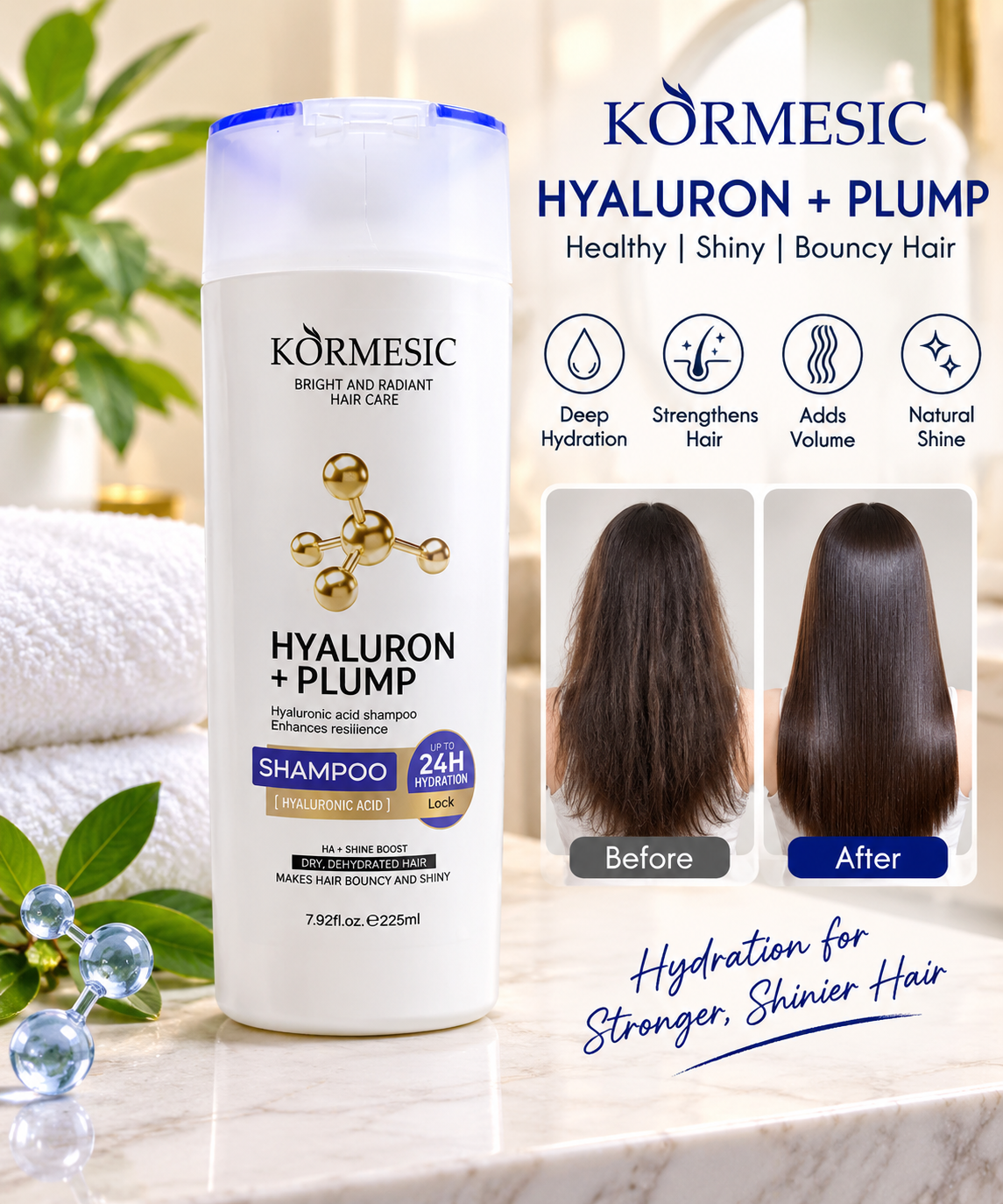Kormesic Hyaluron + Plump Hyaluronic Acid Shampoo – 225ml | 24H Hydration for Dry Hair
