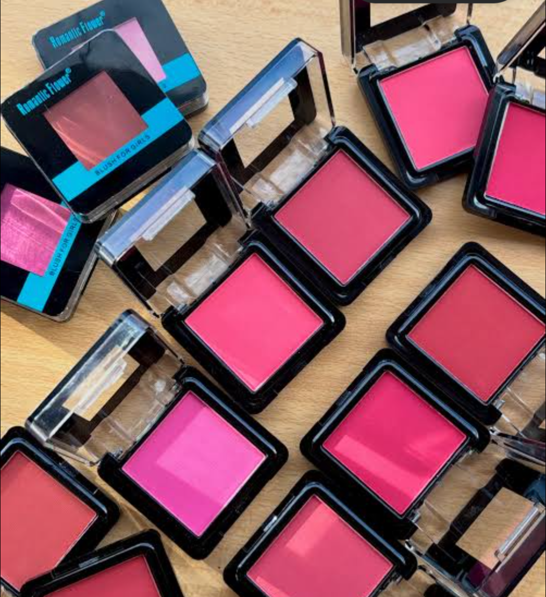 Romantic Flower Blush For Girls open compact cases showing vibrant pink, fuchsia and coral powder shades