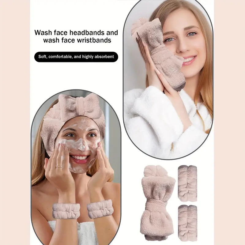 Microfiber Spa Headband & Wristband Set – Bow Style Face Wash Kit