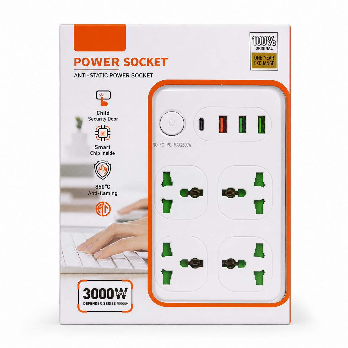 Power Socket 3000W anti-static extension board with 4 universal outlets, USB-C and 3 USB ports, child security door