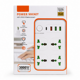 Power Socket 3000W anti-static extension board with 4 universal outlets, USB-C and 3 USB ports, child security door
