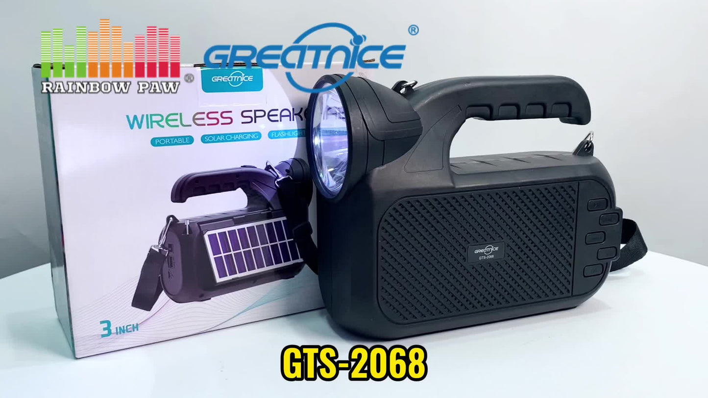 GREATNICE GTS-2068 Portable Wireless Bluetooth Speaker with Solar Panel, Flashlight & Shoulder Strap