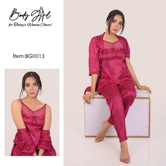 Body Girl BG0013 – 3-Piece Satin Nightwear Set for Women