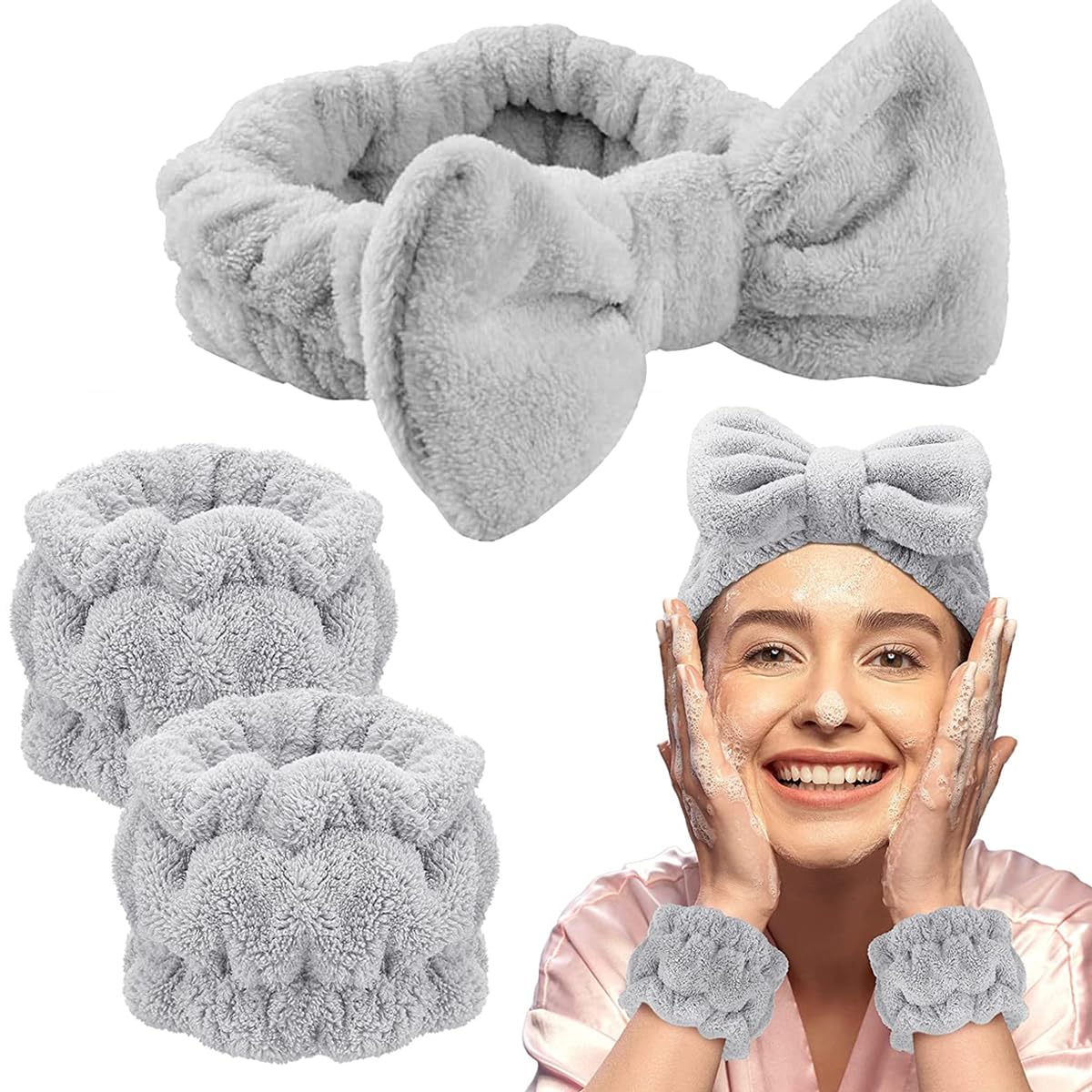 Microfiber Spa Headband & Wristband Set – Bow Style Face Wash Kit