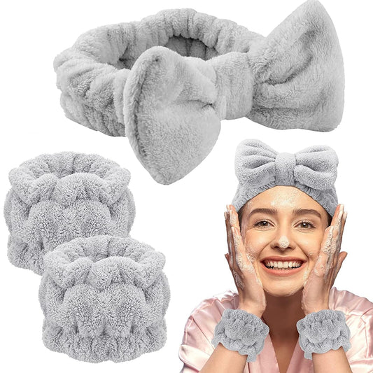Facial Band Microfiber Spa Headband & Wristband Set – Bow Style Face Wash Kit