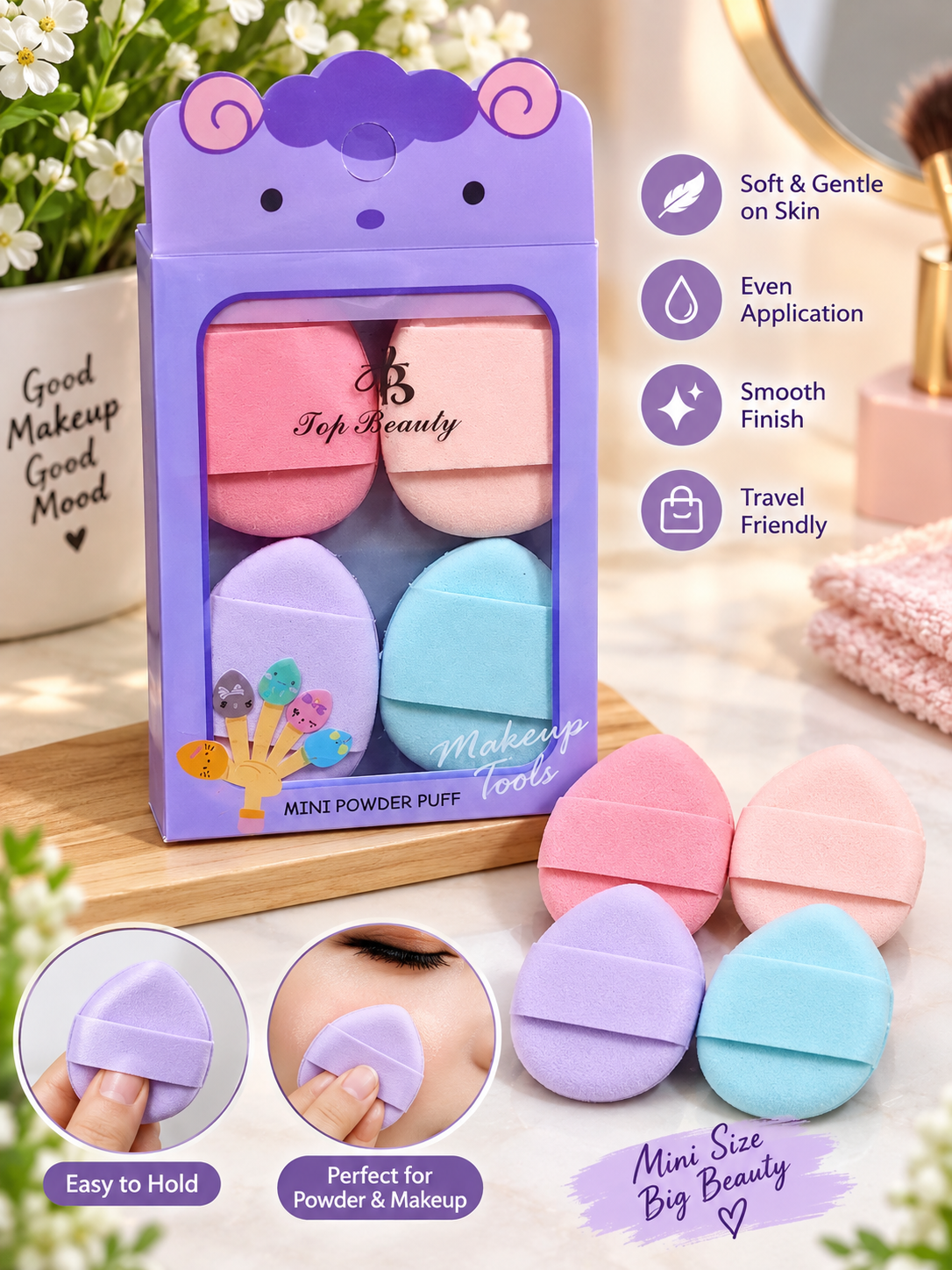 Top Beauty Mini Powder Puff Set – 4 Pcs (Assorted Colors)