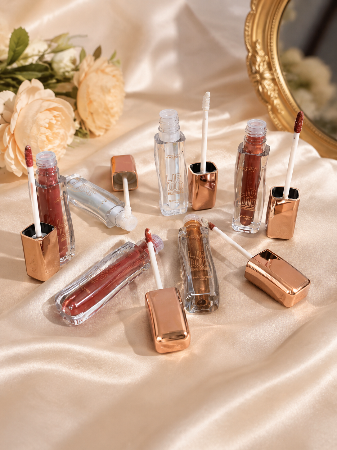 Miss Rose Lip Void liquid lip gloss collection of 6 shades in rose gold bottles open with applicators on cream satin fabric with white roses and gold mirror in romantic bridal flat lay
