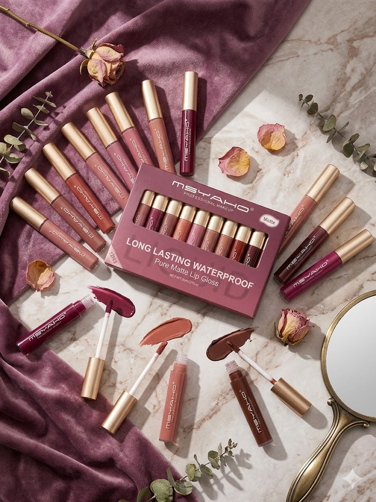 MSYAHO 12-Piece Long Lasting Waterproof Pure Matte Lip Gloss Set
