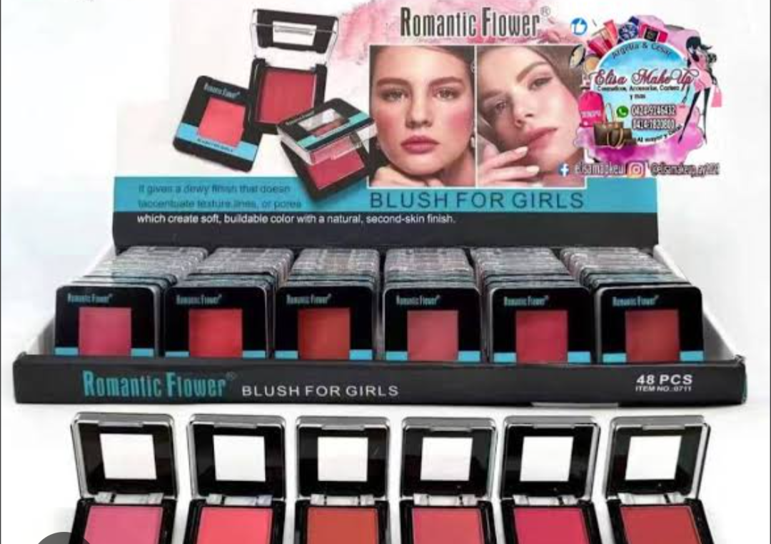 Romantic Flower Blush For Girls display stand showing 48 pieces in assorted pink and coral shades