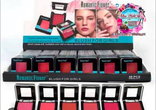 Romantic Flower Blush For Girls display stand showing 48 pieces in assorted pink and coral shades