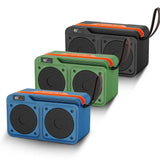 DV-1187 Solar Charging Bluetooth Speaker in green color with phone holder slot on outdoor table