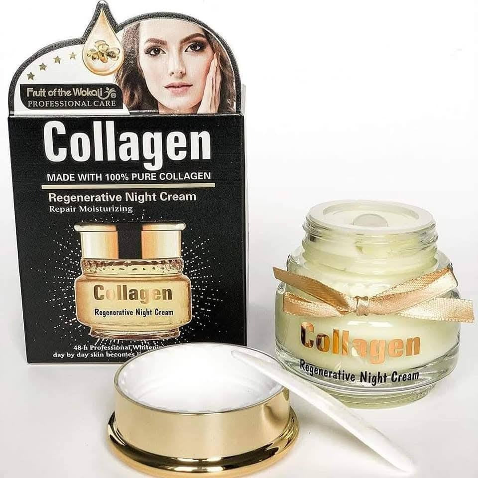 Fruit of the Wokali Collagen Regenerative Night Cream open glass jar with gold lid showing rich white cream texture