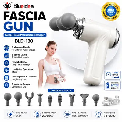Blueidea BLD-130 Fascia Gun – Deep Tissue Percussion Massager with 9 Heads & 5 Speeds