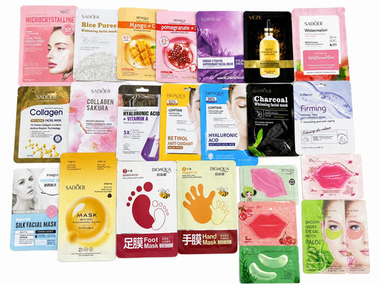 Assorted face sheet masks, lip masks, under-eye patches, hand masks and foot masks in colourful sachets; illustrative selection, not exact bundle contents.