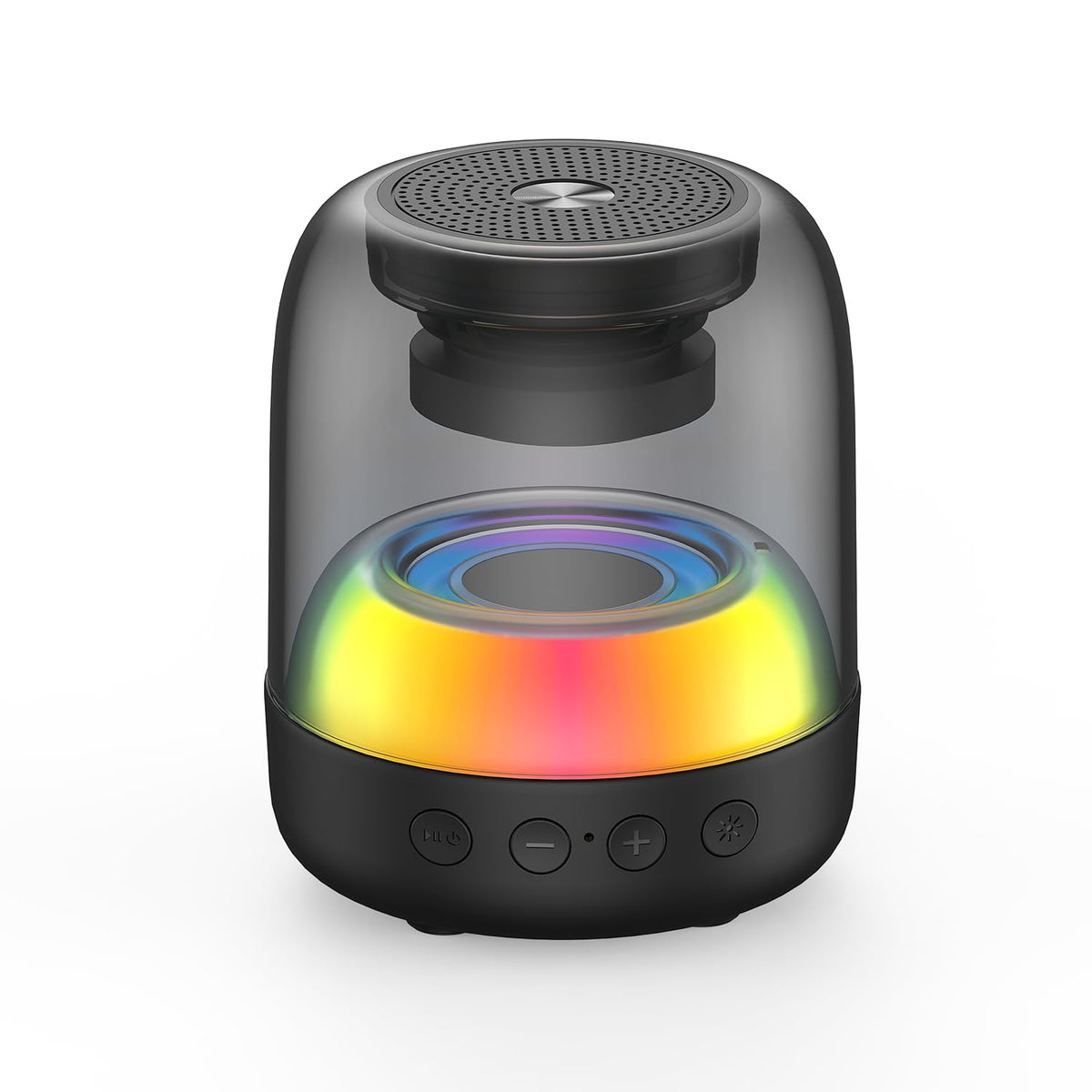 Front view of the E-3103 wireless digital speaker with glowing rainbow RGB LED light and control buttons